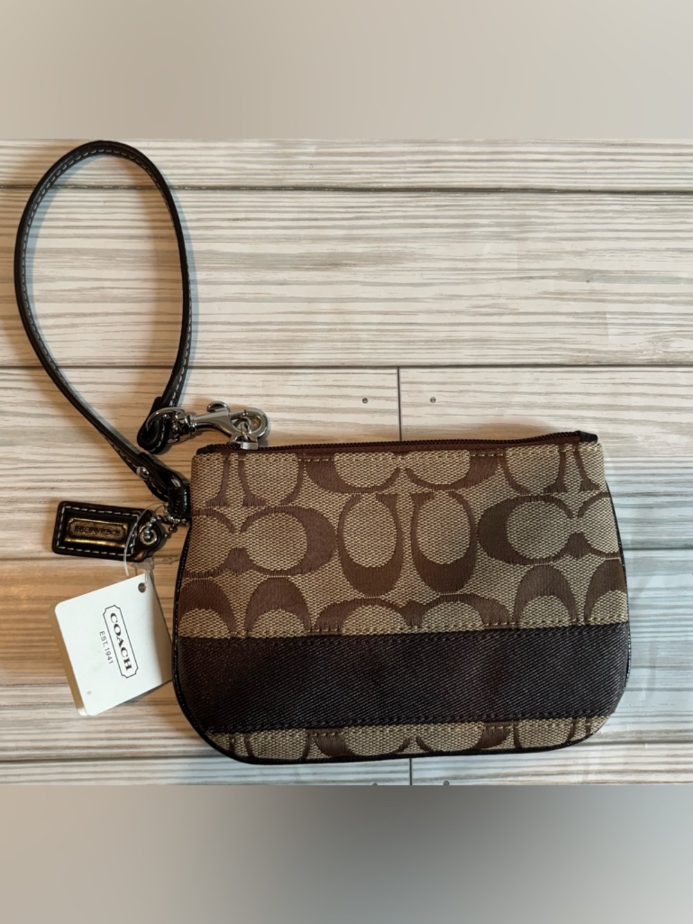 Coach Signature Canvas Wristlet in Brown/Tan - Picture 2 of 10
